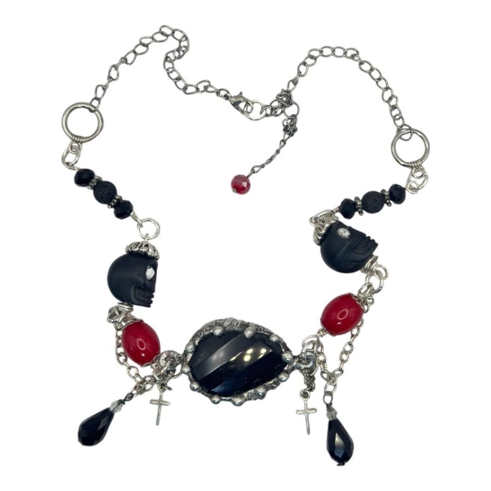 Gothic Black Faceted Onyx Artisan Bezel w. Skulls Crystal & Lava Rocks  Necklace - Picture 8 of 13